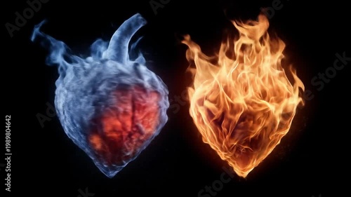Fiery and icy heart shapes on black background for conceptual visuals