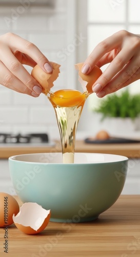Hands cracking fresh eggs into a bowl for cooking, preparing ingredients for a meal.