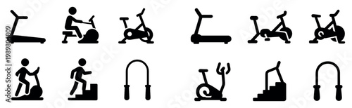 Fitness icons with treadmill bike rope outline