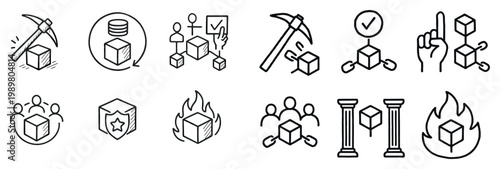 Blockchain icons with pickaxe cube outline