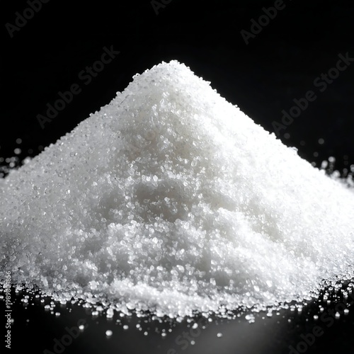 White granular heap, possibly sugar or salt, against black background, subtly illuminated