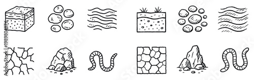 Geology icons with rock soil worm outline