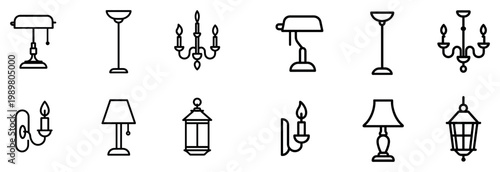 Lighting icons with table lamp chandelier lantern outline
