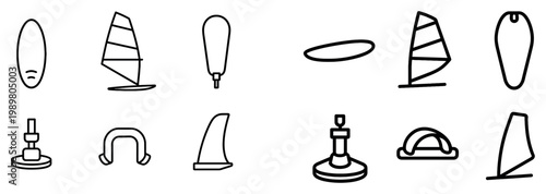 Water sports icons with board sail fin outline