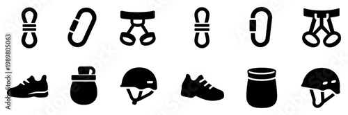 Climbing icons with carabiner shoe helmet bold