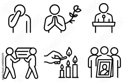 Condolence icons with candle coffin portrait minimal