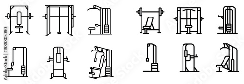 Fitness icons with gym machine and bench outline