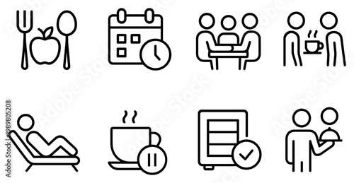 Hospitality icons with food cup calendar outline
