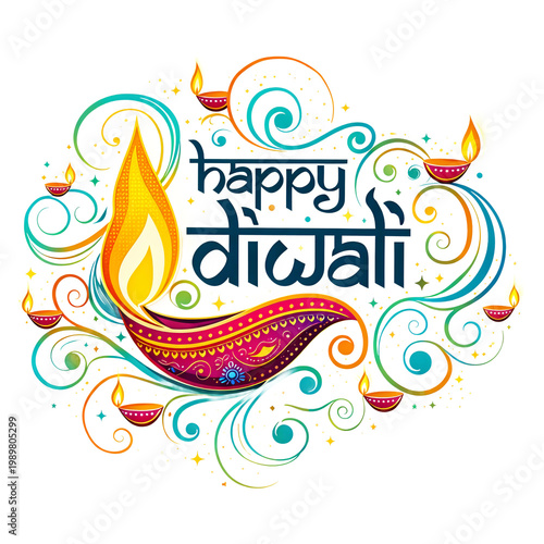 Happy Diwali Festival of Lights Colorful Diya Lamp Illustration with Decorative Floral Design
