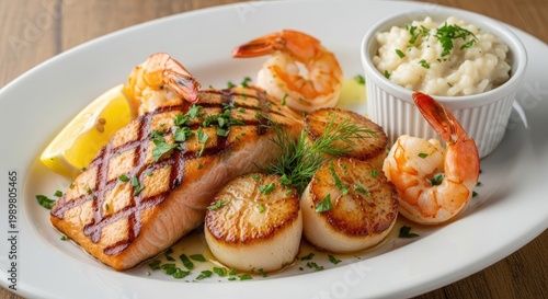 Delicious grilled salmon and shrimp platter with creamy mashed potatoes and lemon garnish