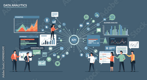 A vibrant illustration depicting a confident business presentation and data review, ideal for showcasing teamwork, strategy, and growth in marketing m