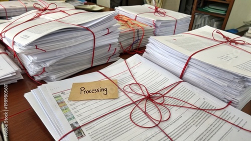 Stacks of Organized Documents with Processing Label on Wooden Desk