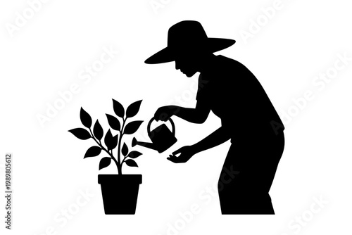 Gardener watering a potted plant with a watering can isolated on transparent background, Vector