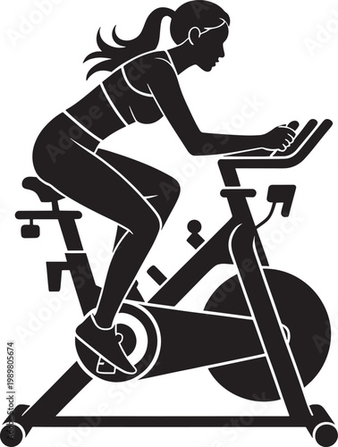 Silhouette woman on stationary exercise bike doing workout, cardio training, spinning class, active lifestyle