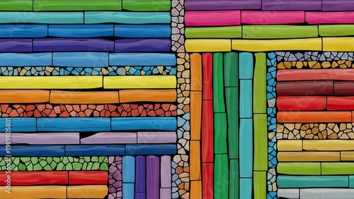 A vibrant and colorful mosaic artwork with various shapes and patterns