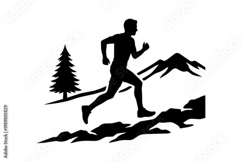 Runner sprinting through mountainous forest trail with rocky terrain isolated on transparent background, Vector
