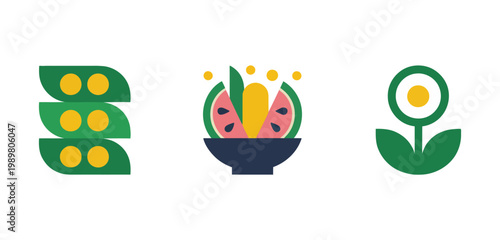 Three icons representing agricultural and food production elements vector illustration, farming crop harvest and food supply chain concept design