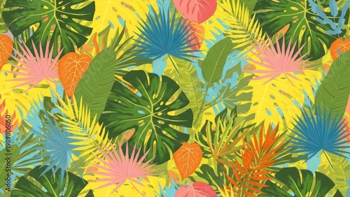 A vibrant and colorful illustration of tropical leaves on a bright background