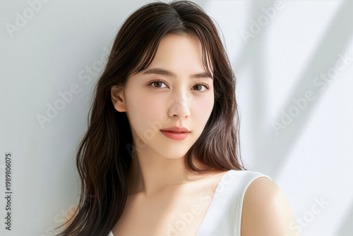 明るい自然光に包まれたやわらかな白背景の中で、なめらかな素肌と落ち着いた表情を見せる若い女性のナチュラルビューティーポートレート、スキンケア・保湿ケア・美容医療・化粧品広告に使いやすい清潔感と上質感を備えた人物素材