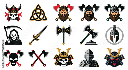 Colorful vector set of Viking skulls, Celtic knots, warriors with axes, grim reaper, swords, and samurai helmets. Emblems for historical and fantasy themes.