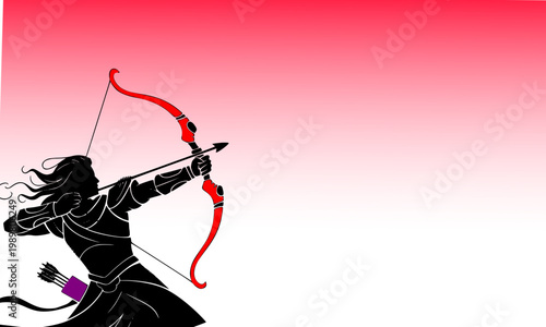 Fierce Female Warrior Archer Silhouette Drawing Bow and Arrow on Vibrant Red Gradient Background, Hindu Goddess Durga Mythology Fantasy Combat Illustration