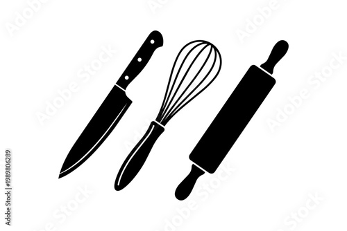 Classic kitchen tools including knife, whisk, and rolling pin isolated on transparent background, Vector
