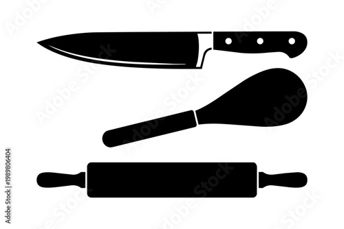 Three essential kitchen tools: knife, rolling pin, and spoon isolated on transparent background, Vector