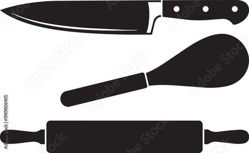 Three essential kitchen tools: knife, rolling pin, and spoon isolated on transparent background, Vector
