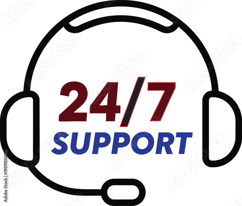 Black Headset Icon with Red Blue 24/7 Support Text Customer Service Symbol”