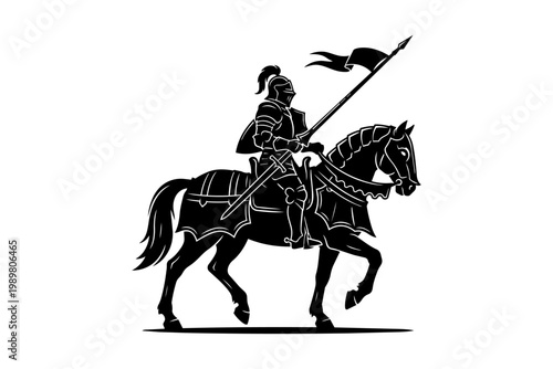 Medieval knight riding a horse with a flag isolated on transparent background, Vector
