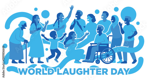 Happy people laughing together in group celebration for world laughter day. Diverse community including elderly child and person in wheelchair enjoying joyful moment with blue abstract shapes.