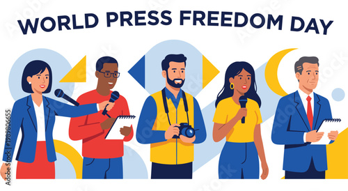 Graphic illustration showing group of professional reporters with microphones and cameras and notebooks, cartoon style media representatives on abstract background, celebration of journalism day.