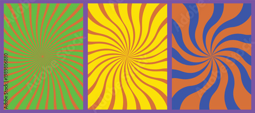 Three abstract swirling sunburst patterns in green orange yellow blue and purple background