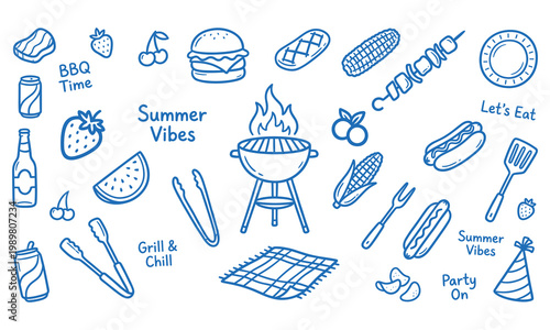 Barbecue picnic collection featuring grilled food items and outdoor cooking.