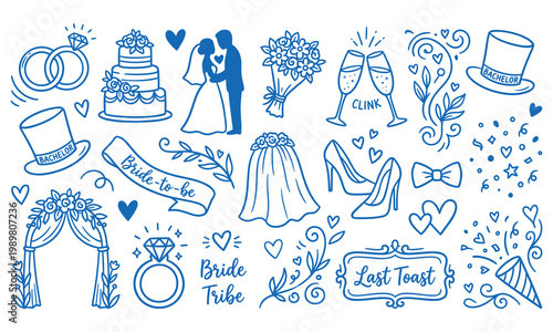 Wedding celebration doodle set featuring engagement rings cake bride groom.