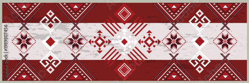 Bold Red Tribal Geometric Pattern with Distressed Artisanal Texture
