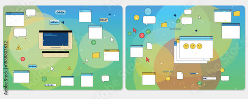 Retro computer UI elements vector, Y2K aesthetic pastel interface kit, dialog windows, chat bubbles, buttons and icons. Nostalgic digital sticker style, Retro pastel UI kit vector illustration.