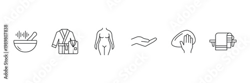 Ayurveda wellness and spa therapy collection featuring singing bowl bathrobe body care hand massage and towel rack icon vector illustration.