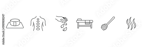 Ayurveda wellness and spa treatment collection featuring massage table stone therapy petals honey dipper and aroma steam icon vector illustration.