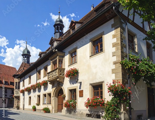 Sunny exterior view of a building with a beige facade, dark roof, and red flower boxes, showcasing detailed architecture