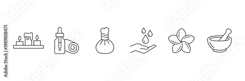 Ayurvedic spa and wellness collection featuring massage oil herbal pouch candles mortar pestle and frangipani flower icon vector illustration.