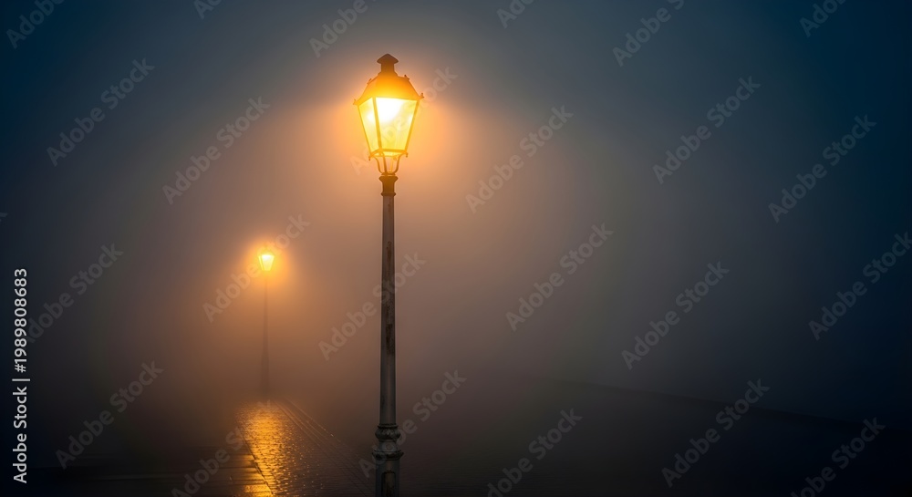 Fototapeta premium Glowing street lamps illuminate a dark pathway during a heavy night fog