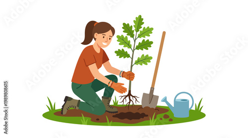 Woman planting tree in garden with shovel and watering can