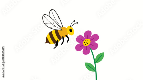 Cartoon bee flying towards a colorful flower on white background