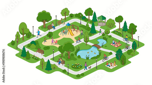 Isometric illustration of a vibrant city park with playground and pond