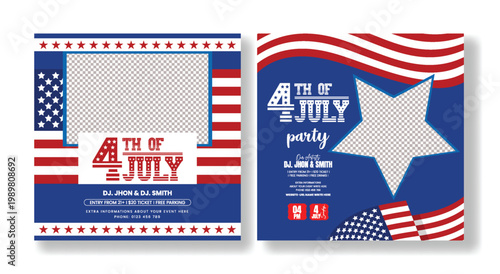 4th of july party celebration dj party announcement social media posts, square poster flyer design template with american flag elements and space for dj artists details