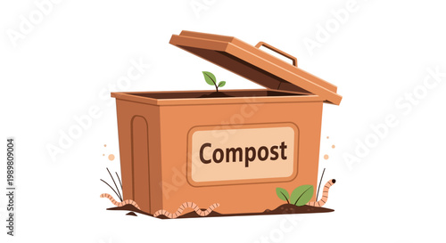 Illustration of compost bin with sprouting plant and worms