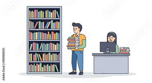 Illustration of a Library with Man Holding Books and Woman at Desk