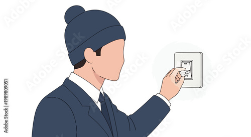 Faceless man in winter attire turning off light switch illustration