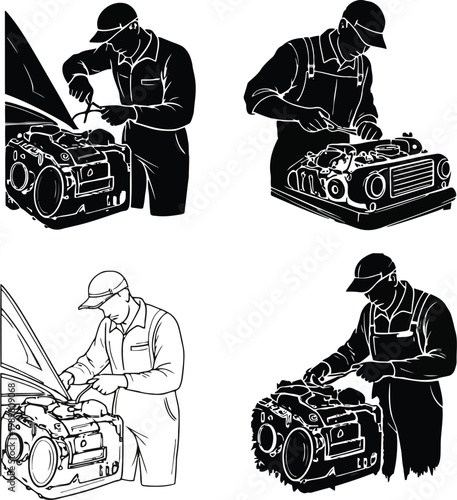 Auto mechanic repairing car engine, professional technician working on vehicle maintenance, repair service silhouette illustration set